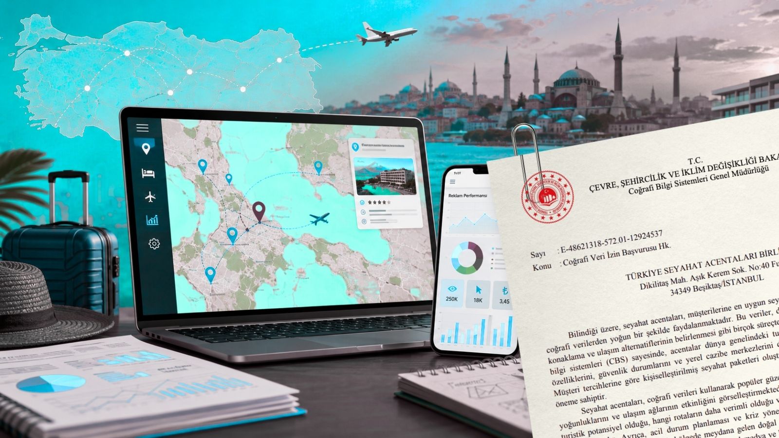 Coğrafi veri, dijital harita ve reklam ücretleriyle ilgili temsili turizm sektörü görseli