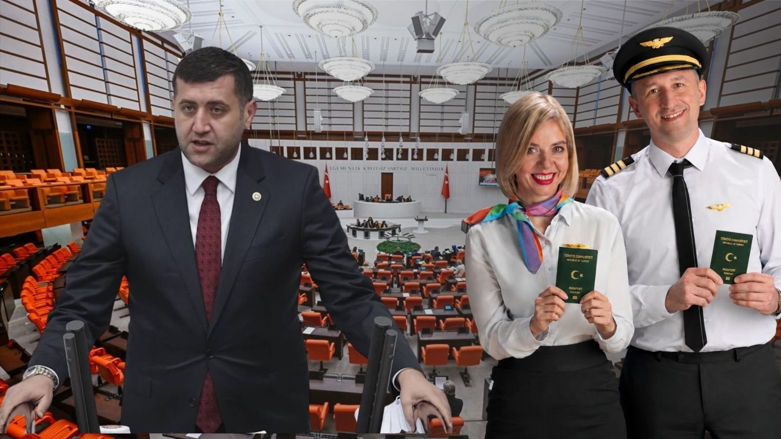 Yeşil pasaportlarını gösteren kadın kabin memuru ile şapkalı ve apoletli erkek pilot